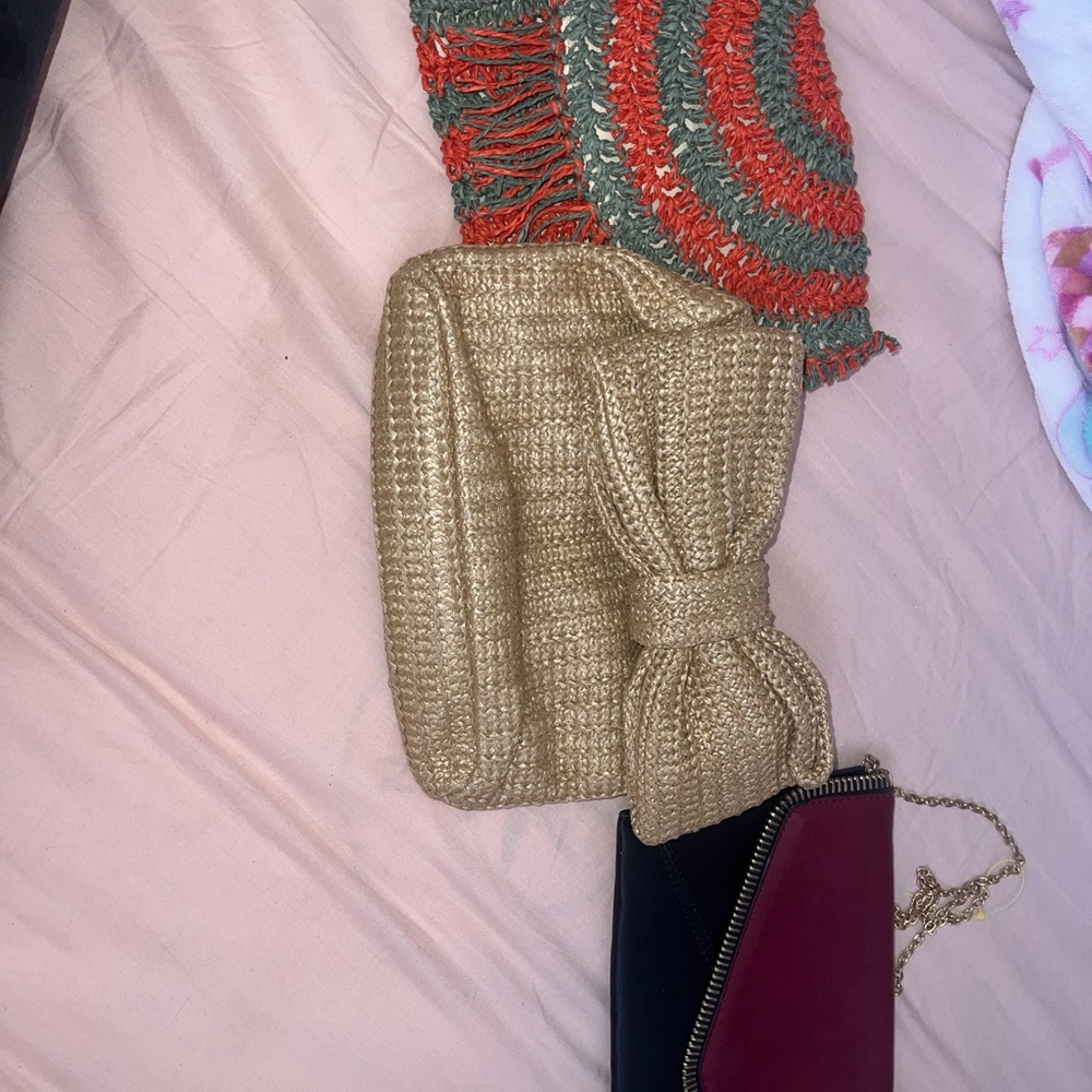 Chic Gold Woven Clutch with Bow Accent